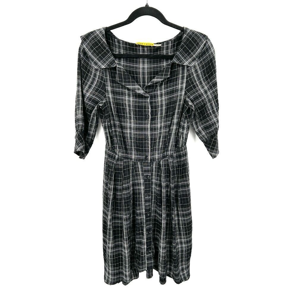 ALICE + OLIVIA Black Gray Plaid Half Sleeve Peter Pan Collar Dress Size XS